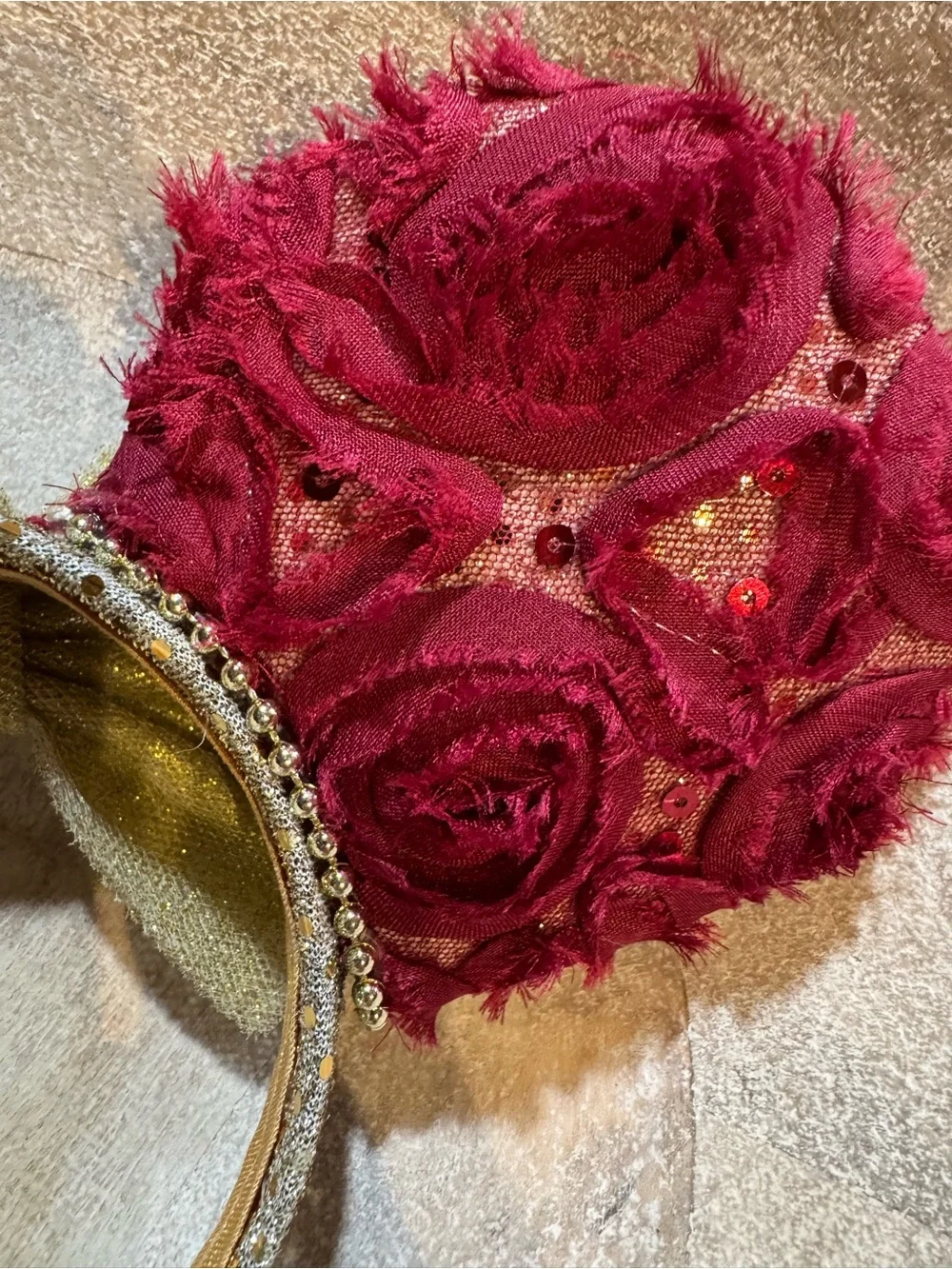 Gold Bow Headband with Burgundy Floral Ears - Kids Accessories